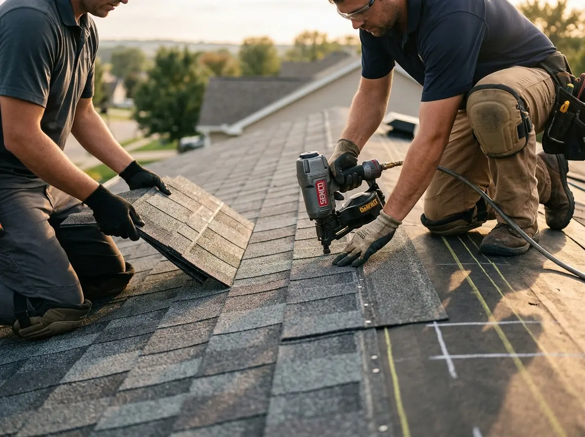 Professional roofer working on a residential roof in Bothell West